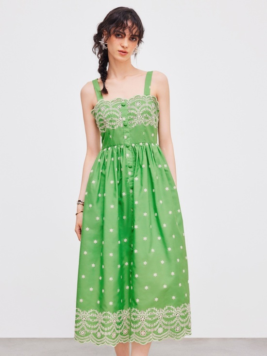 Cider Dresses & Skirts - Cider Green White Square Neck Eyelet Embroidered Maxi Dress M